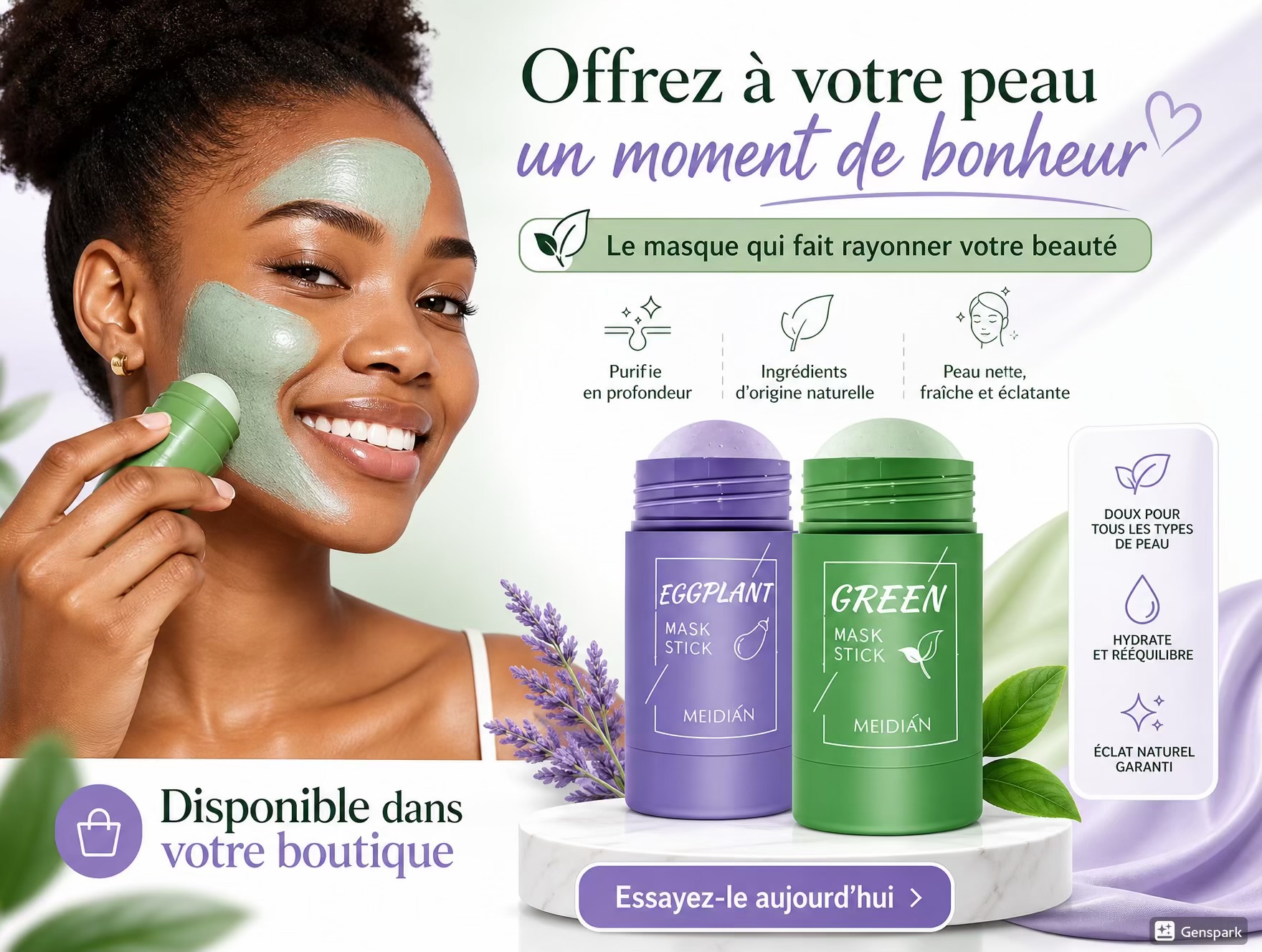 Masque stick rendre votre visage naturel et éclatante Parce que votre beauté mérite le meilleur.
Avec le Mask Stick MEIDIAN, transformez votre routine soin en un instant de bonheur. Sa texture agréable et son application facile vous offrent un moment de bien-être tout en sublimant l’apparence de votre peau. Résultat : une sensation de fraîcheur, une peau qui paraît plus propre, et une beauté qui se révèle naturellement.